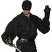 Black pirate costume accessory kit including a knit mask with eye holes, lace-up black shirt, black gloves, leather belt with silver buckle, and curved sword with gold hilt.