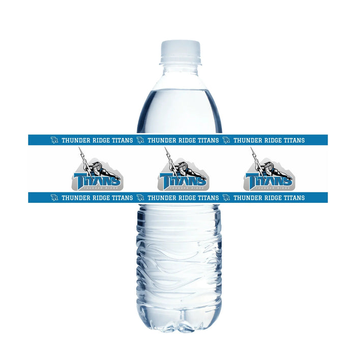 Two water bottles wrapped with blue Thunder Ridge Titans school spirit bands featuring the team logo and repeated text around the middle sections.