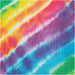 Colorful tie-dye patterned napkin featuring rainbow diagonal stripes in yellow, orange, pink, purple, blue, and green with white accents throughout.