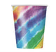 Multicolored tie-dye paper cup with swirled patterns in rainbow hues including purple, blue, green, yellow, and pink on a white rim.