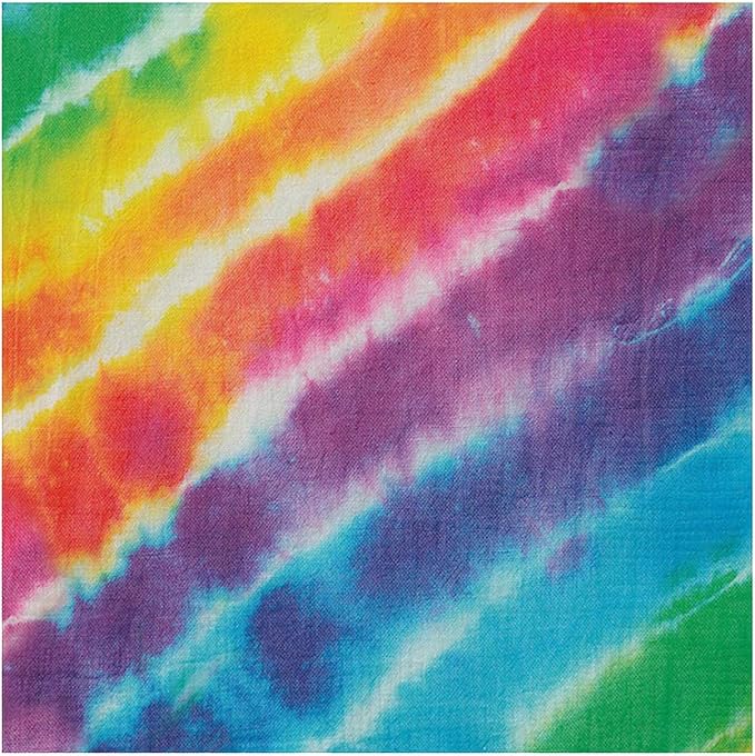 Tie dye patterned napkin featuring diagonal stripes in rainbow colors including green, yellow, orange, pink, purple, and blue with white accents throughout.