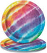 Two rainbow tie-dye paper plates with vibrant swirls of yellow, pink, purple, blue, and green displayed flat and stacked.