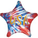 Red, white, and blue tie-dye star-shaped mylar balloon with gold "USA" text in the center.