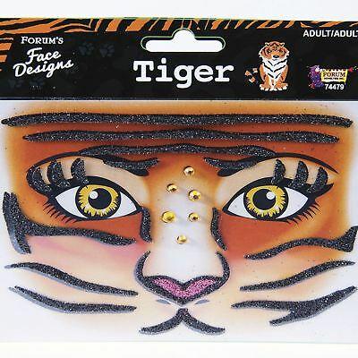 Tiger face sticker sheet featuring orange and black striped design with yellow eyes, pink nose, and whiskers for costume makeup application.