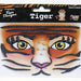 Tiger face sticker sheet featuring orange and black striped design with yellow eyes, pink nose, and whiskers for costume makeup application.
