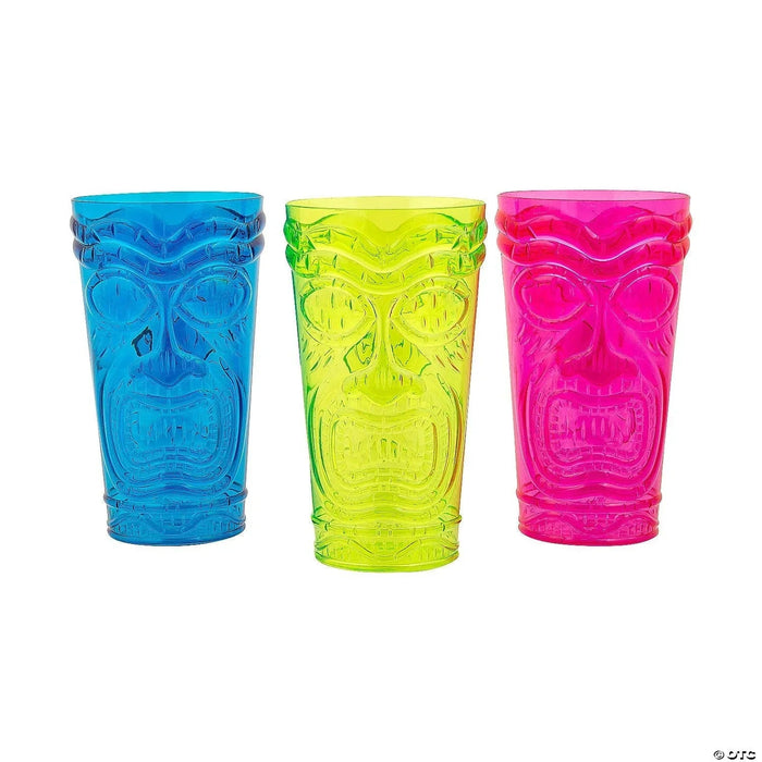 Three vibrant plastic cups in blue, lime green, and hot pink featuring embossed tiki face designs arranged in a row.
