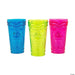 Three vibrant plastic cups in blue, lime green, and hot pink featuring embossed tiki face designs arranged in a row.