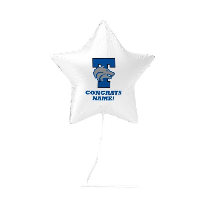 White star-shaped foil balloon featuring a blue Timberline High School logo with a wolf mascot and "CONGRATS NAME!" text printed on the front.