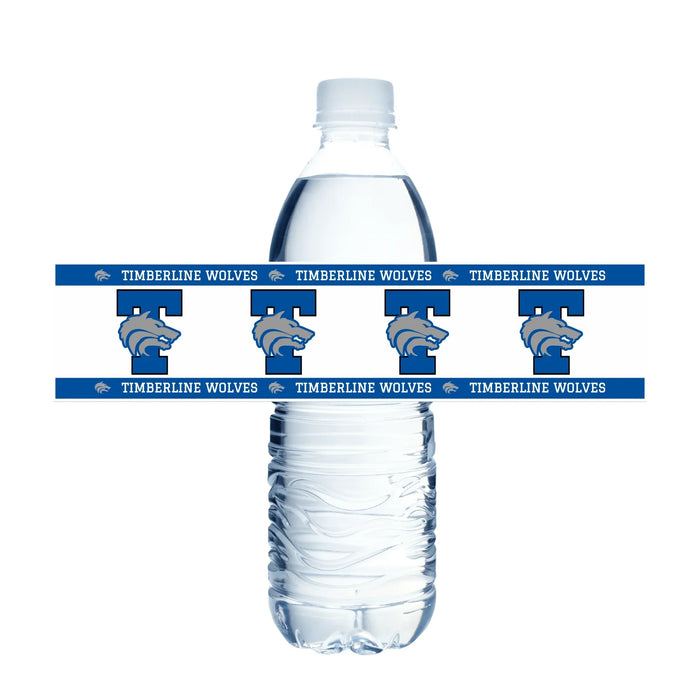 Clear plastic water bottle wrapped with blue and gray Timberline Wolves school logo bands featuring repeating wolf head emblems and text around the middle section.