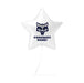 White star-shaped foil balloon with a dark blue wolf head logo and "CONGRATS NAME!" text printed on the front.