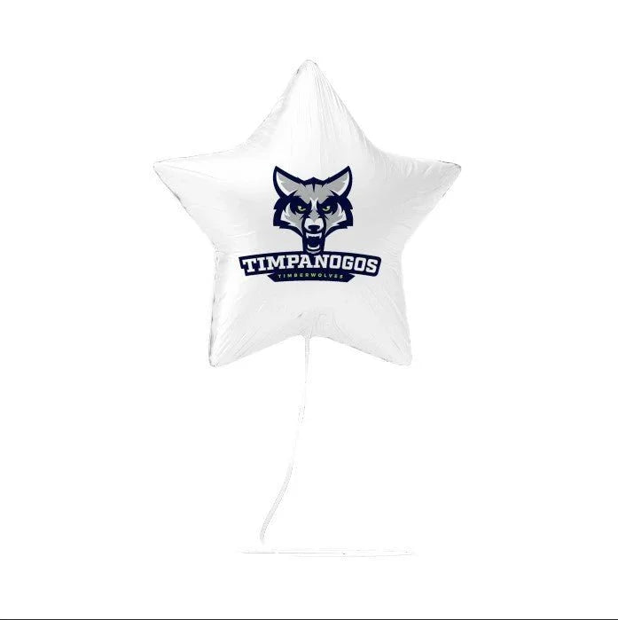 White star-shaped mylar balloon featuring a dark blue wolf head logo and "TIMPANOGOS TIMBERWOLVES" text.
