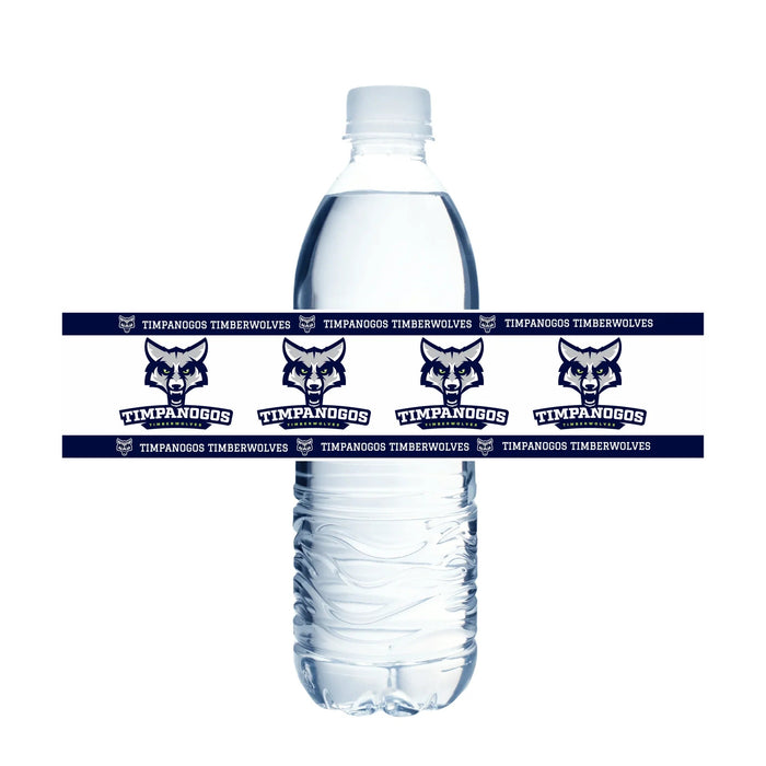 Clear plastic water bottle wrapped with navy blue bands featuring Timpanogos Timberwolves wolf head logos and text repeated across the label.