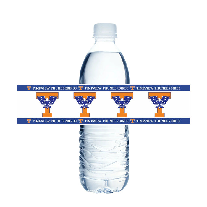 Clear plastic water bottle wrapped with navy and orange Timpview Thunderbirds logo bands and text repeating around the middle section.