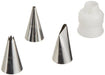 Four stainless steel piping tips in various cone shapes alongside a clear plastic coupler, arranged on a white background.