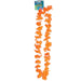 Long orange lei with bright fluorescent flower blooms strung together, featuring a product tag at the top with tropical branding.
