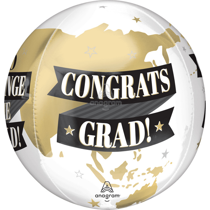Spherical foil balloon in white and gold with "Congrats Grad" text on black ribbon banners, decorated with gold stars and silhouettes.