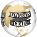 Spherical foil balloon in white and gold with "Congrats Grad" text on black ribbon banners, decorated with gold stars and silhouettes.