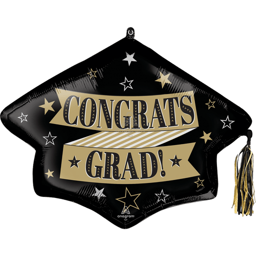 Black graduation cap-shaped mylar balloon with gold and white star design, gold "CONGRATS GRAD" banners, and matching gold tassel attached to the top.