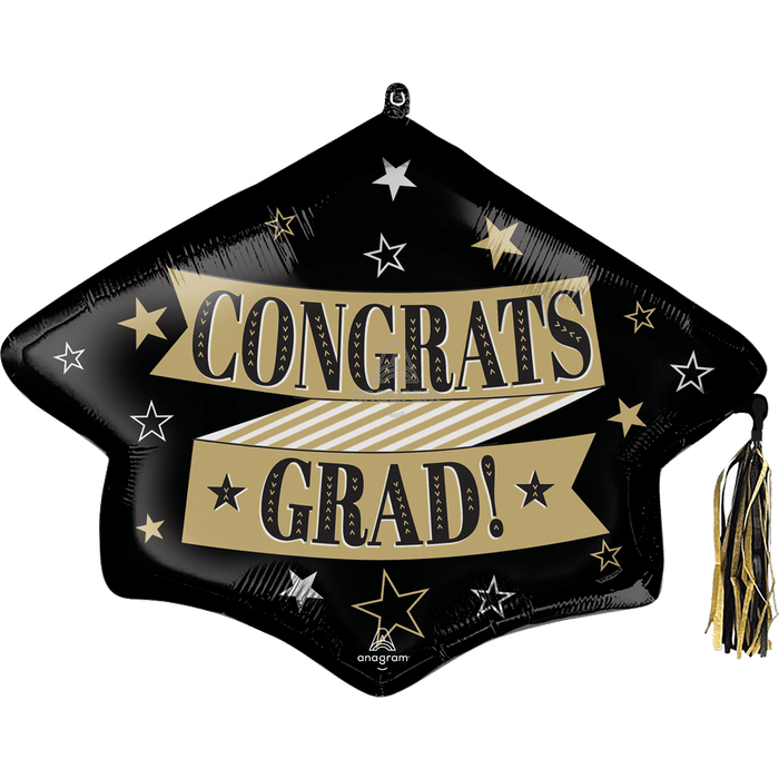 Black graduation cap-shaped mylar balloon with gold and white star design, gold "CONGRATS GRAD" banners, and matching gold tassel attached to the top.