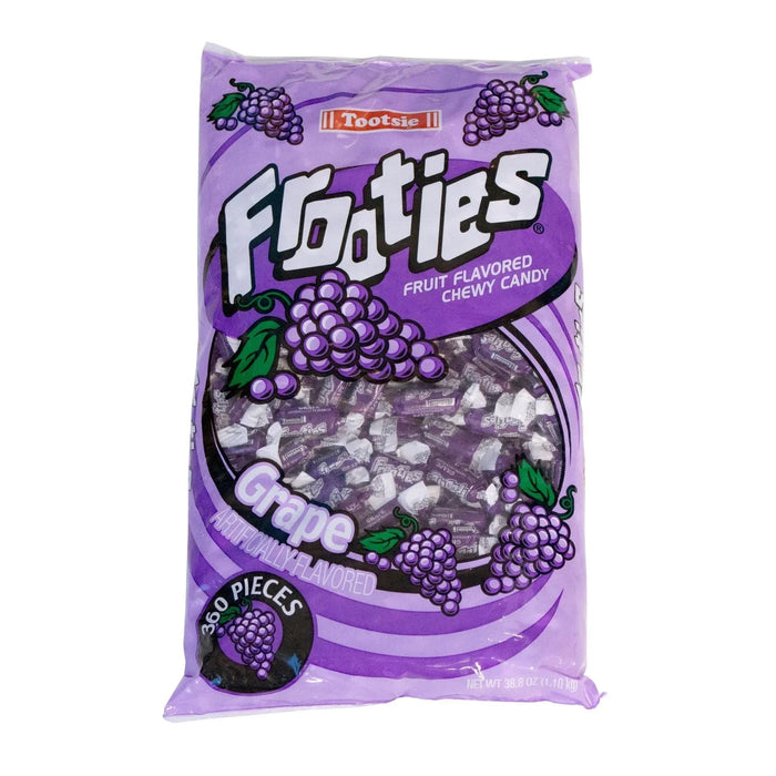 Purple bag of Tootsie Frooties grape-flavored chewy candy featuring grape cluster illustrations, containing 360 pieces, with net weight 38.8 ounces.