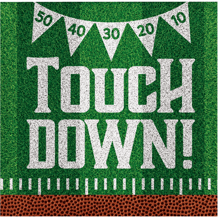 White "Touch Down!" text on green grass field background with yard line markings, football texture border, and pennant banner displaying yard numbers 50, 40, 30, 20, 10.