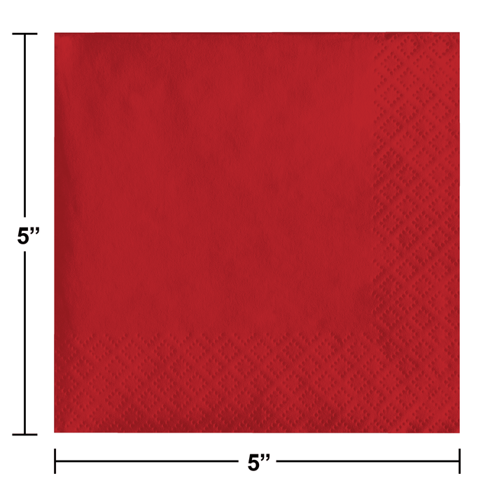 Solid red paper napkin displayed flat showing a 5-inch square dimensions with a subtle quilted texture pattern across the surface.