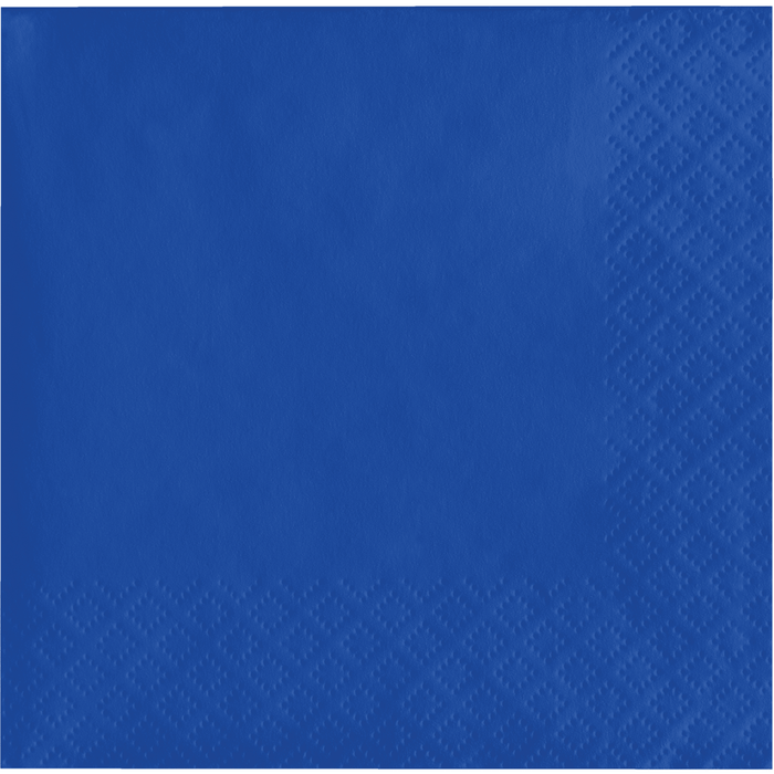 Cobalt blue beverage napkins with a textured diamond pattern, shown as a single folded napkin against a solid blue background.