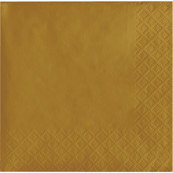 Gold embossed beverage napkins with a quilted diamond pattern around the edges on a solid gold background.