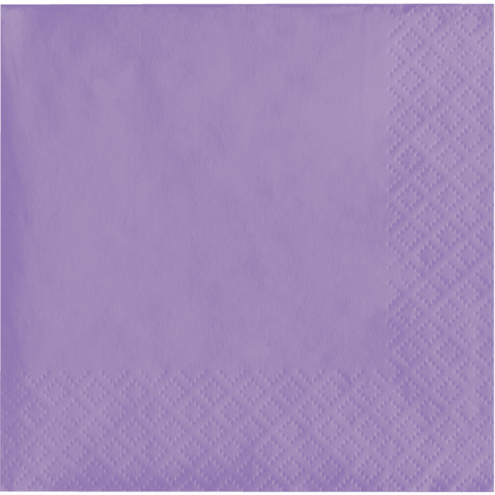 Lavender purple cocktail napkins with embossed diamond pattern along the edges, showing a pack of 50 count disposable paper napkins.