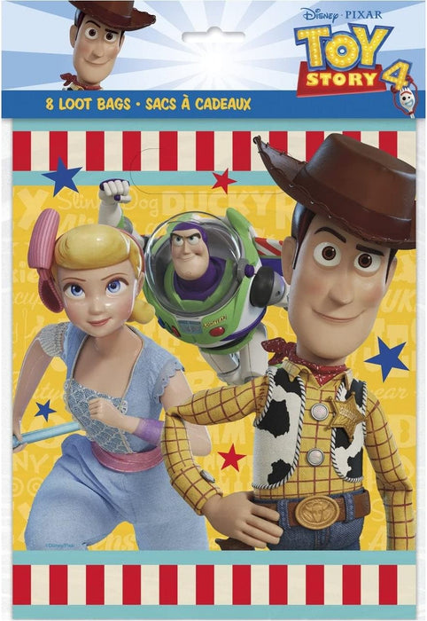 Toy Story 4 loot bag package featuring Woody, Buzz Lightyear, and Bo Peep characters on yellow background with red and white striped border, contains 8 bags.