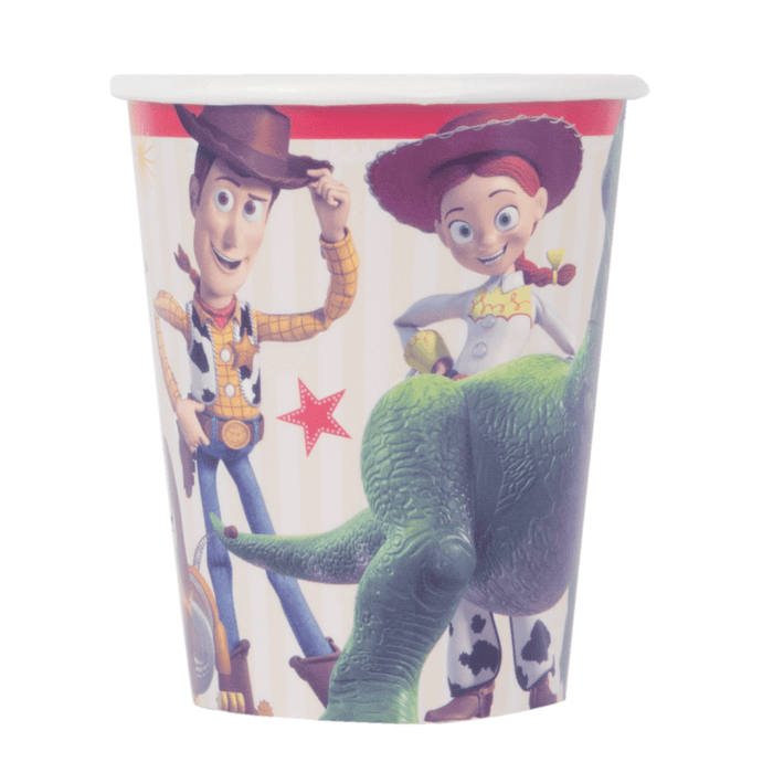 Toy Story paper cup featuring Woody, Jessie, and Rex in a colorful character design.