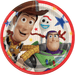 Red oval paper plate featuring Woody, Forky, and Buzz Lightyear with stars and decorative elements on a striped background.