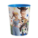 Blue plastic cup with Toy Story characters including Woody in cowboy hat and Bo Peep in blue dress, decorated with stars and sun graphics.