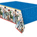 Blue rectangular plastic tablecloth featuring Toy Story characters including Woody, Buzz Lightyear, and other cast members on a white and cream border with red trim.