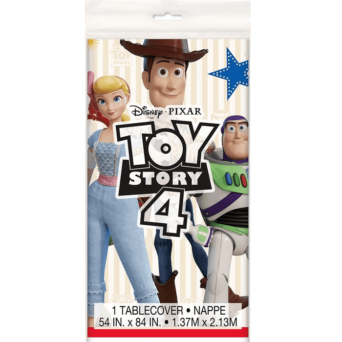 Toy Story 4 plastic tablecover featuring Woody, Buzz Lightyear, and Bo Peep on a cream striped background, measuring 54 by 84 inches.