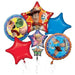 Bouquet of five foil balloons featuring red stars, blue stars, and character-themed circular balloons with colorful Disney Toy Story characters including cowboys and space rangers.