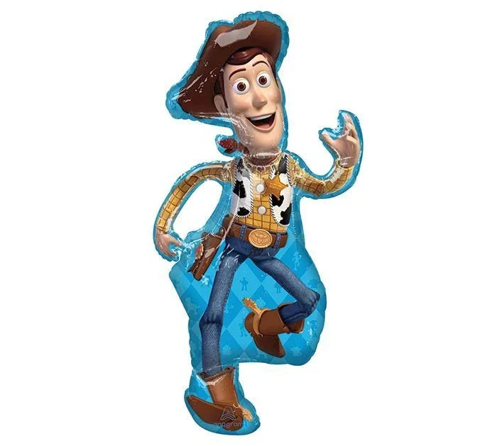 Blue foil balloon shaped like Woody the cowboy character with brown hair, yellow plaid shirt, cow print vest, blue jeans, and brown boots in a waving pose.
