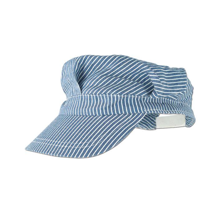 Blue and white striped conductor's cap with a stiff visor and white label on the back adjustment strap.