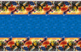 Transformers plastic tablecover featuring yellow and blue robot characters with orange explosions on a repeating pattern across the blue surface.