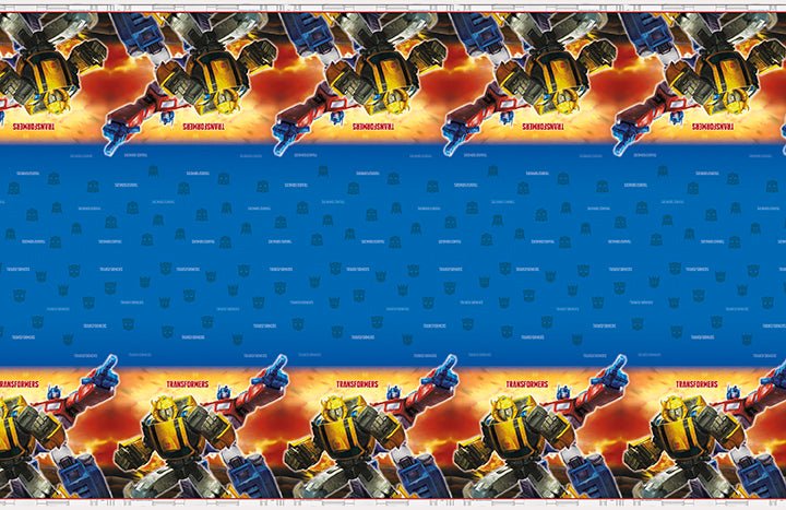 Transformers plastic tablecover featuring yellow and blue robot characters with orange explosions on a repeating pattern across the blue surface.