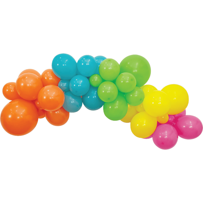 Colorful balloon garland featuring orange, turquoise, lime green, yellow, and hot pink balloons of varying sizes arranged in a curved arch formation.