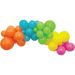 Colorful balloon garland featuring orange, turquoise, lime green, yellow, and hot pink balloons of varying sizes arranged in a curved arch formation.