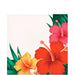 Colorful tropical hibiscus flowers in red, pink, orange, and yellow with green leaves arranged on a cream background design for lunch napkins.