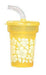Yellow plastic cup with white floral pattern, matching yellow lid, and clear curved drinking straw attached.