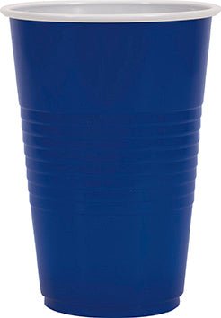 Navy blue disposable cup with clear rim shown against white background.
