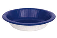 White paper bowl with a navy blue ribbed rim, shown from above on a white background.