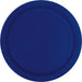 Deep navy blue paper plate with a textured rim, shown from above against a white background.