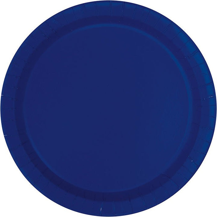 Round paper plate in solid true navy blue with a slightly raised rim, shown from above on white background.