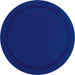 Round paper plate in solid true navy blue with a slightly raised rim, shown from above on white background.