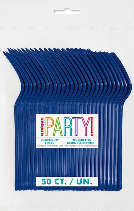 Package of 50 heavy-duty navy blue plastic forks with colorful "Party!" text label and white bands around the bundle.